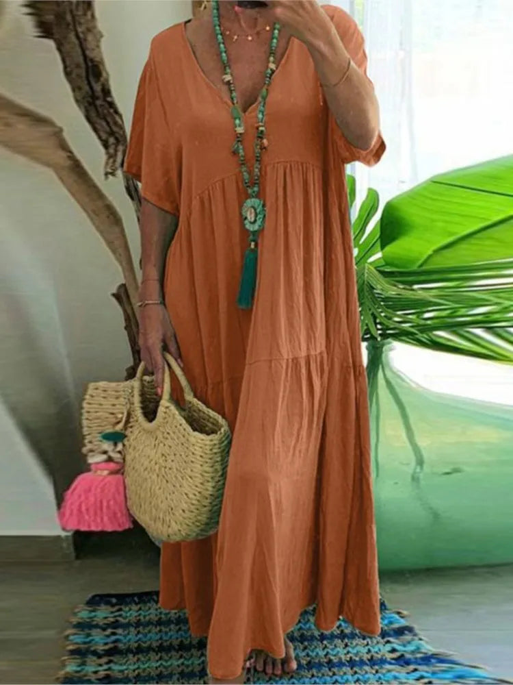 Loose Casual Dresses Women Summer V- Neck Short Sleeve Vestidos Solid