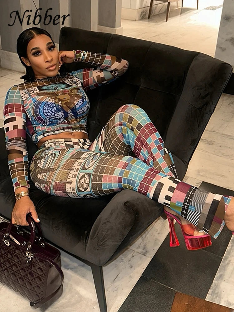 Nibber Pixel Print Mesh Women 2 Piece Set Tracksuit Colorful Full