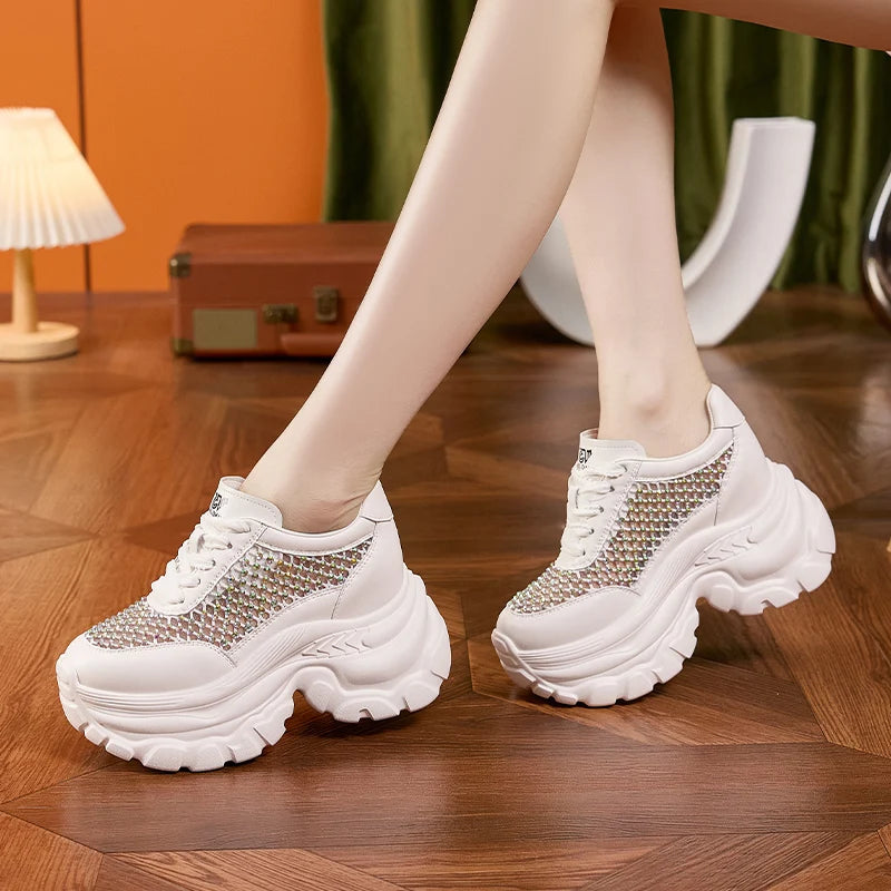 AUTUSPIN Women Summer Thick Soled Shoes Fashion Shiny Rhinestones Sneakers Outdoor Leisure Platform Wedges Crystal Shoes Woman