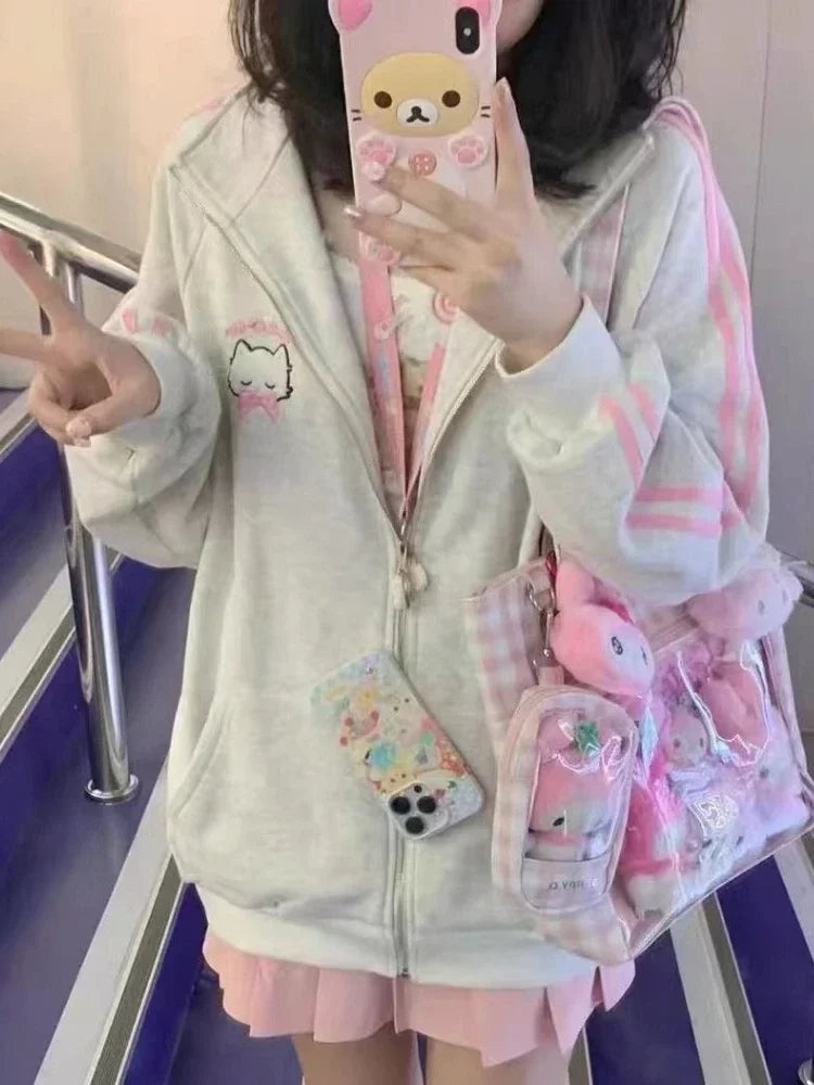 HOUZHOU Japanese Fashion Kawaii Zipper Hoodie Women Harajuku Cute Pink