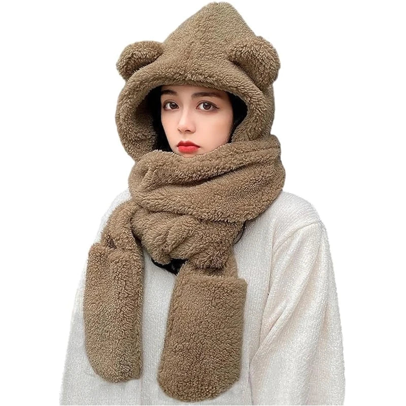 SIMPLEJEWEL™ Women Cute Bear Hoodie Hat Scarf Gloves Set 3-in-1