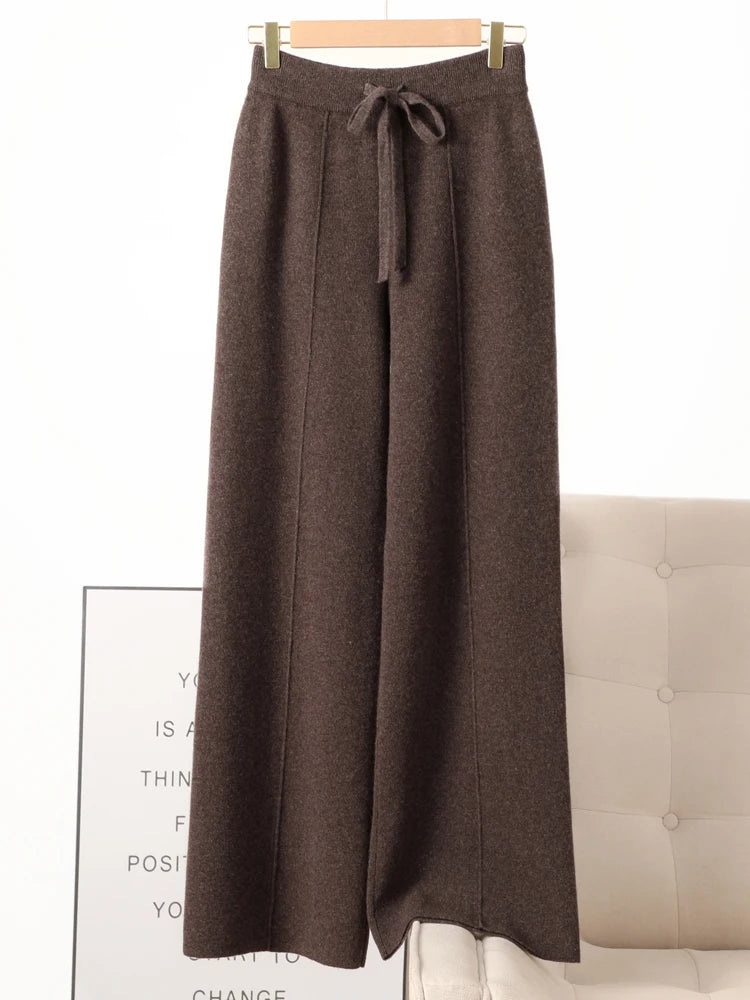 Women 100% Merino Wool Knitted Wide Leg Pants Autumn Winter Basic Soft
