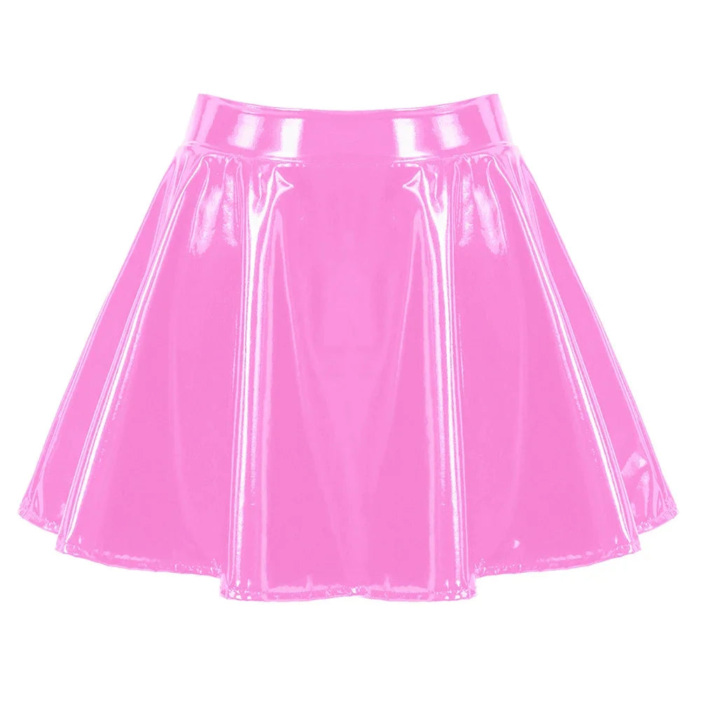 Women's A Line Skirt Glossy Patent Leather Flared Miniskirt Dance