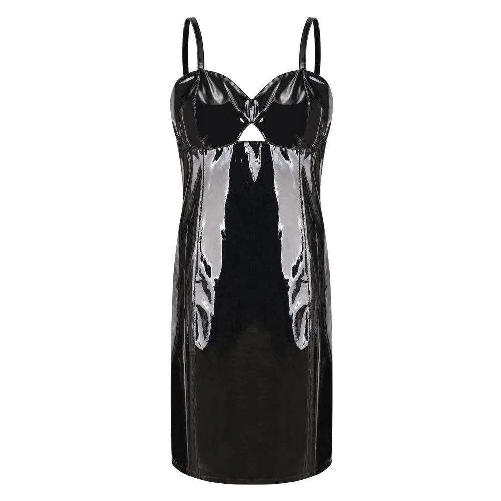 S-XXL Shiny Pvc Latex Dress Women Sexy Spaghetti Strap Hollow Out PU