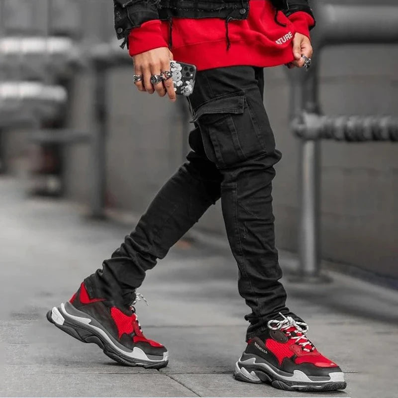 New Men's High Street Slim Fit Stretch Jeans Fashion Multi Pocket