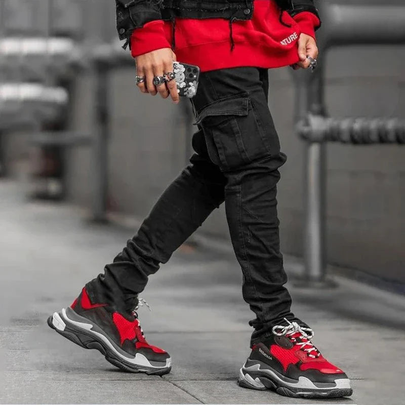 New Men's High Street Slim Fit Stretch Jeans Fashion Multi Pocket