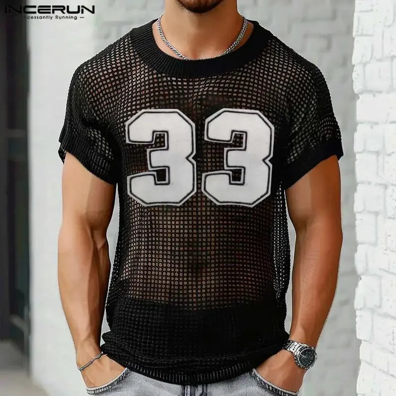 INCERUN Tops American Style Fashion Men Mesh Fabric Digit Printed