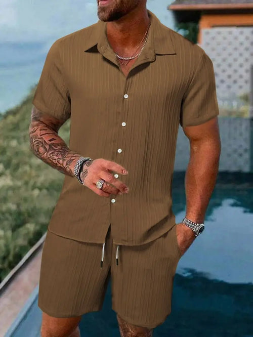 Men's beach suit striped solid color short sleeve shorts shirt Sports
