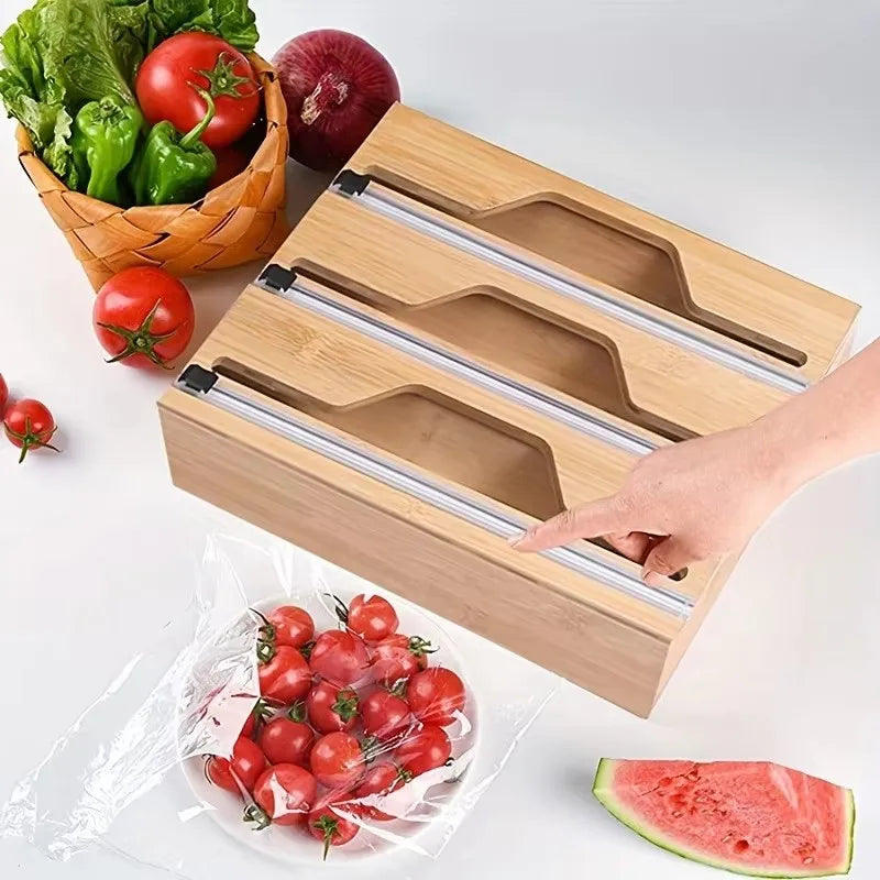 1pcs Refillable Bamboo Cling Film Box Cutter Food Wrap Dispenser
