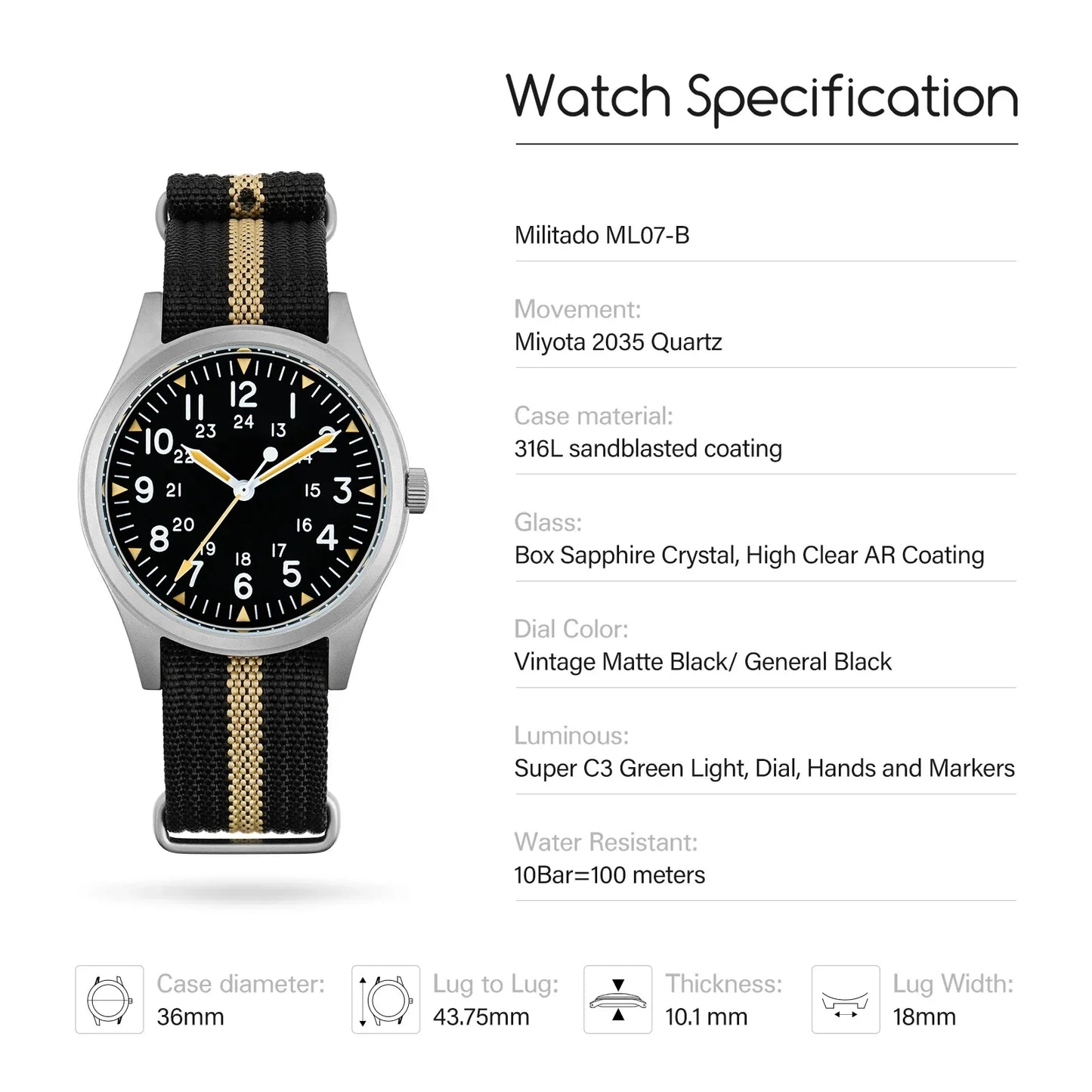 Militado ML07 Vintage Watch Miyota Super 2035 Movement Domed Sapphire Crystal Luminous 10Bar Waterproof 36mm Military Watches