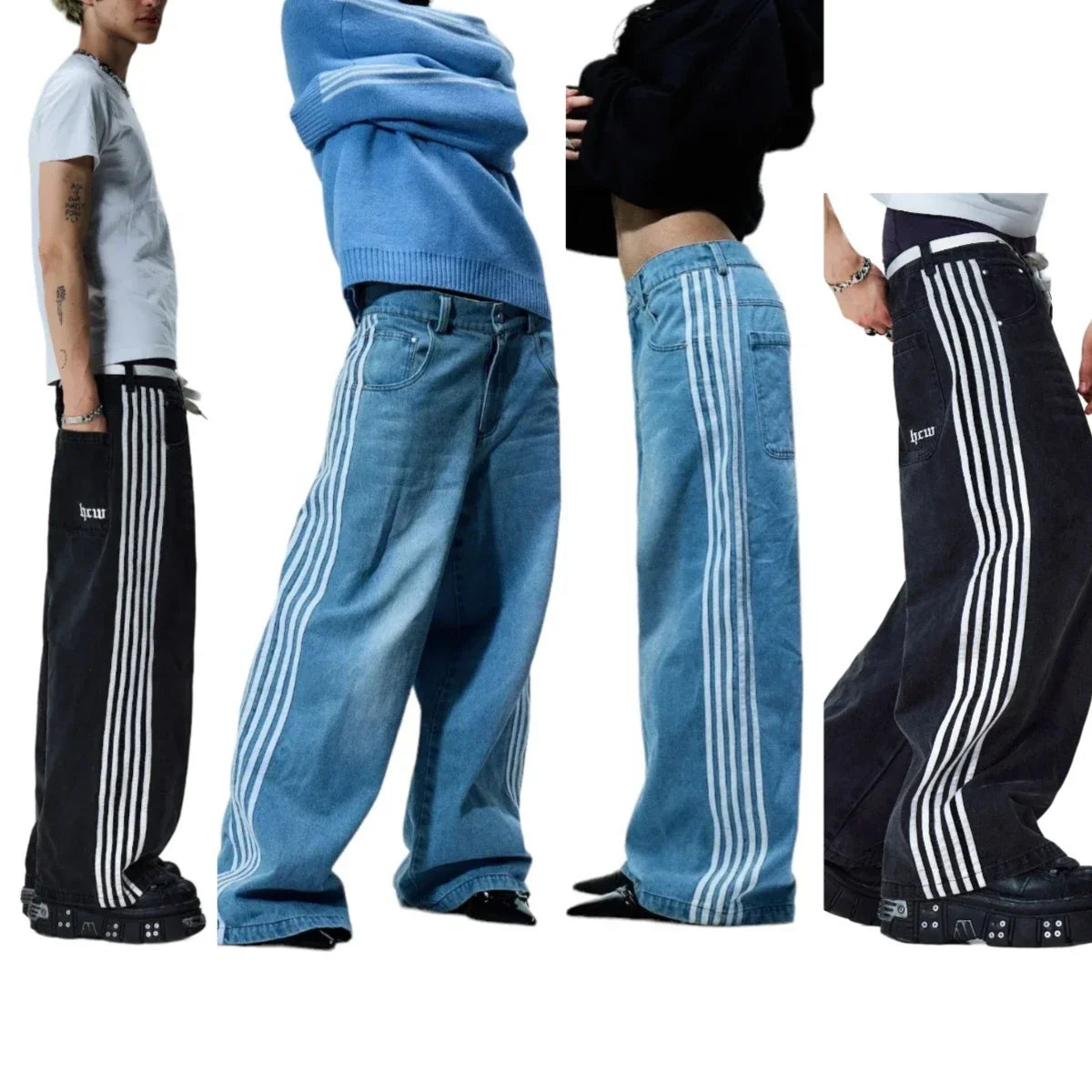 Harajuku Retro Hip Hop Mens Jeans Y2k Black Striped Baggy Jeans Gothic