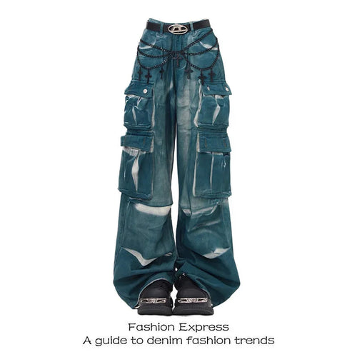 American Retro Multi Pocket Jeans High Waist And Slim Casual High