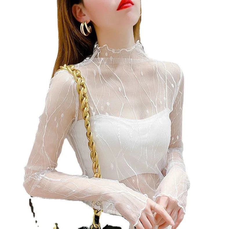 Elegant Lace T-shirt For Women Mesh Long Sleeve Tops Hot Sexy