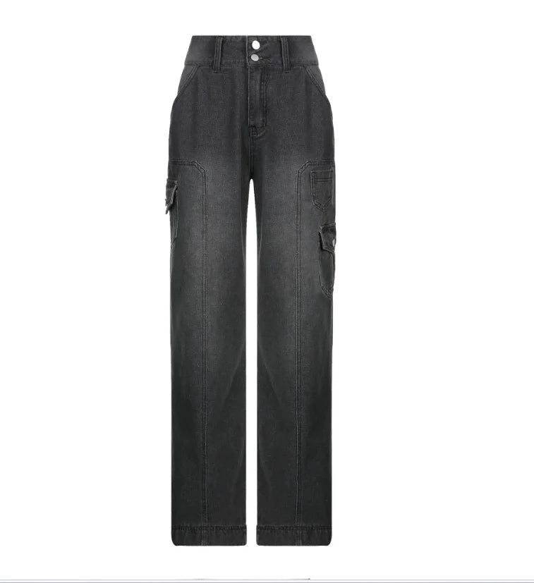 New Street High Waist Straight Leg Casual Jeans with Irregular Pockets