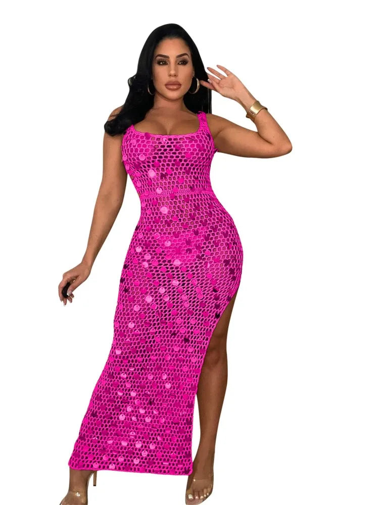 New Sexy S - XXL Fringe Sequin Knitted Crochet Tunic Beach Cover Up