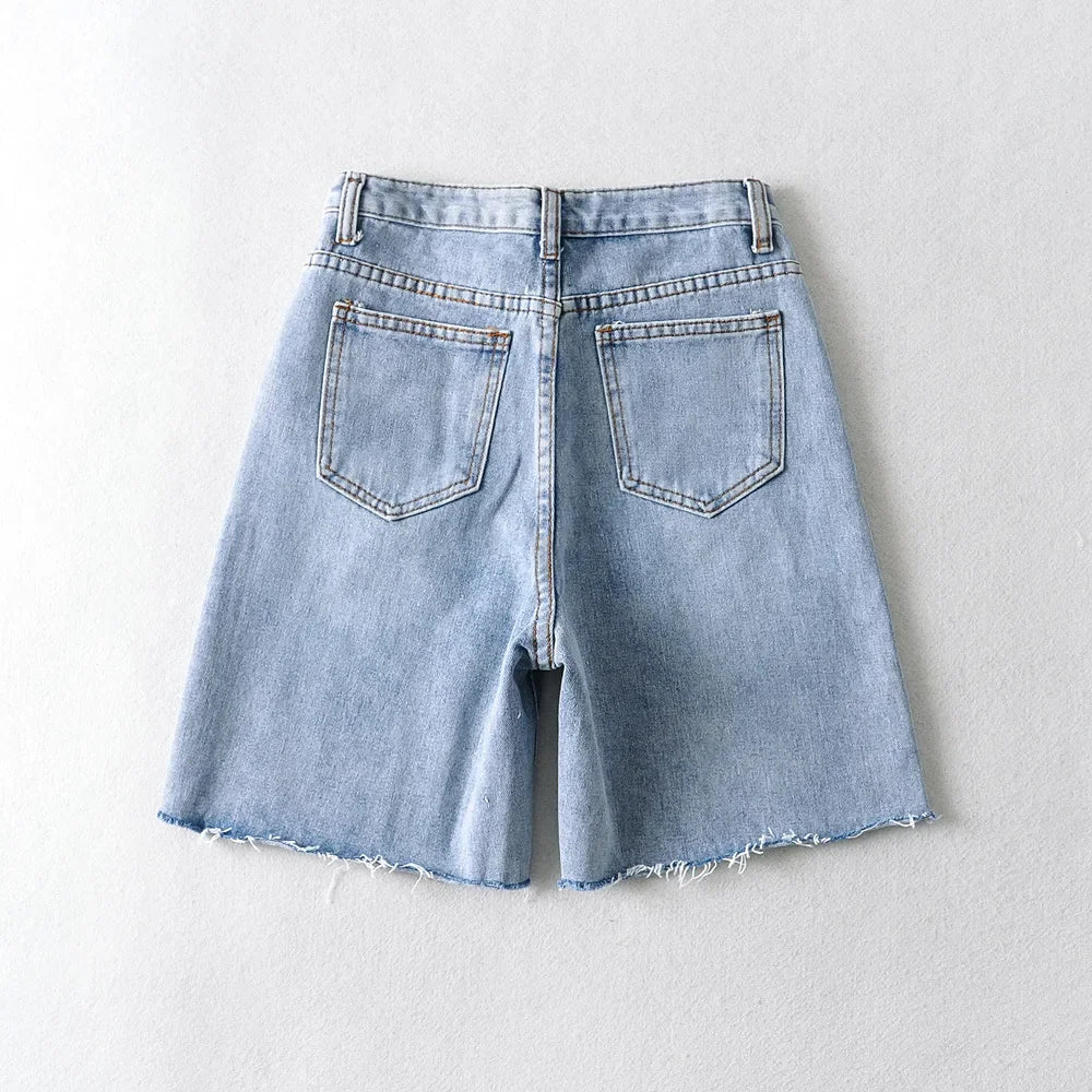Women High Waist Wide Leg Denim Shorts Tassel 2024 Summer Fashion