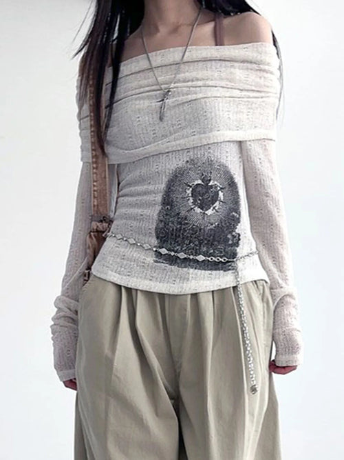 Rockmore Chic Retro One-Shoulder Printed Top Slim Thin Long Sleeve