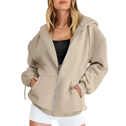 Fashion Gray Zip Up Sweatshirt Women Autumn Winter Jacket Clothes