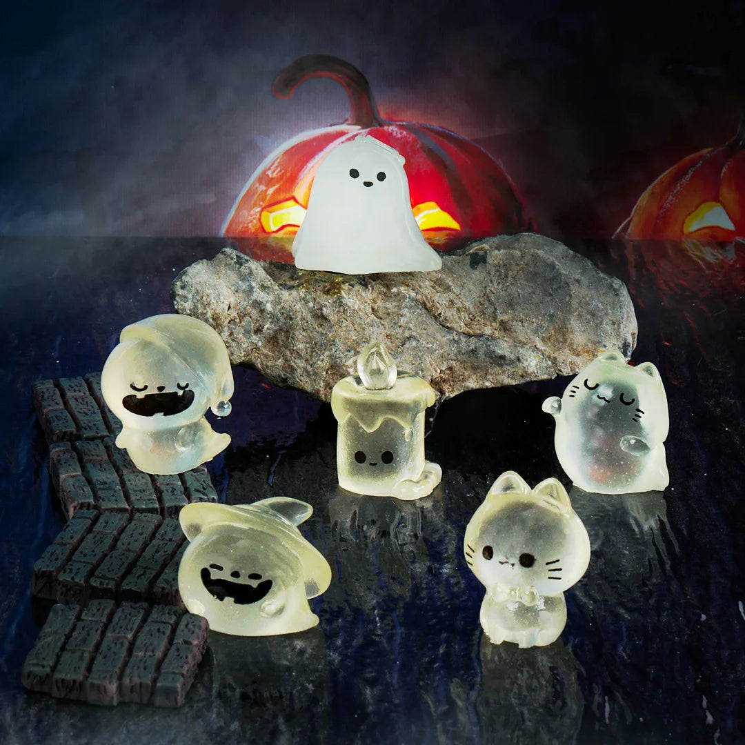 12pcs Mini Luminous Figure Mini Cat Ghost Pumpkin Bat Skull Candle Glow in Dark Micro Landscape Miniatures for Holiday Halloween