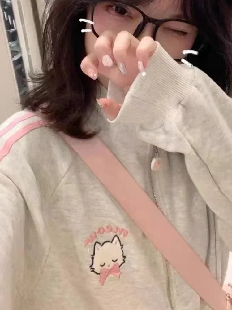 HOUZHOU Japanese Fashion Kawaii Zipper Hoodie Women Harajuku Cute Pink