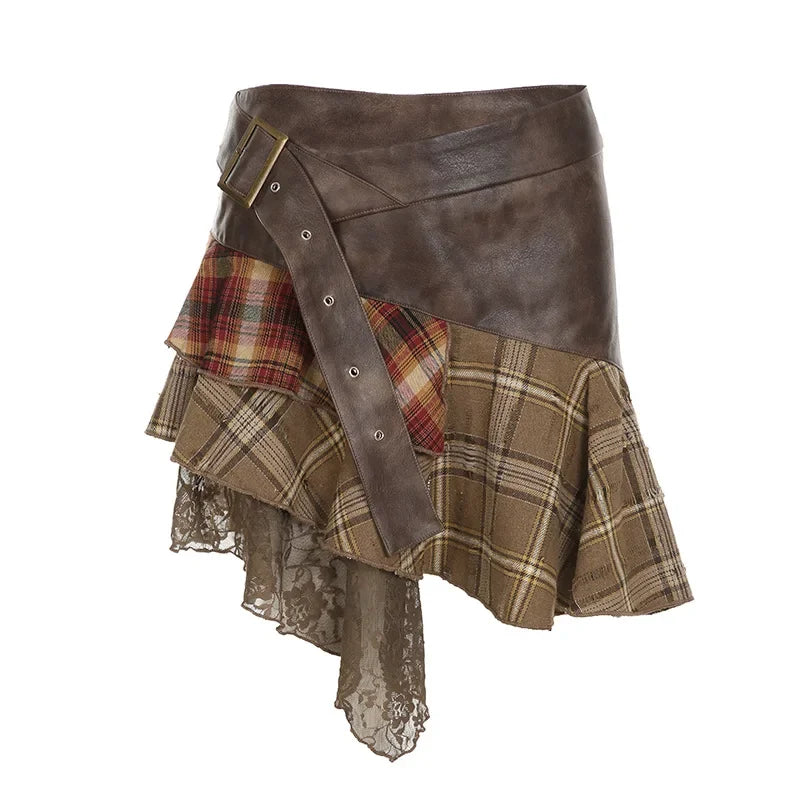 American Retro Asymmetrical Women’s Mini Skirts Lace Stripes Plaid