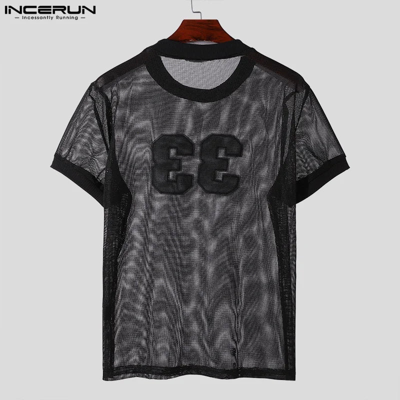 INCERUN Tops American Style Fashion Men Mesh Fabric Digit Printed