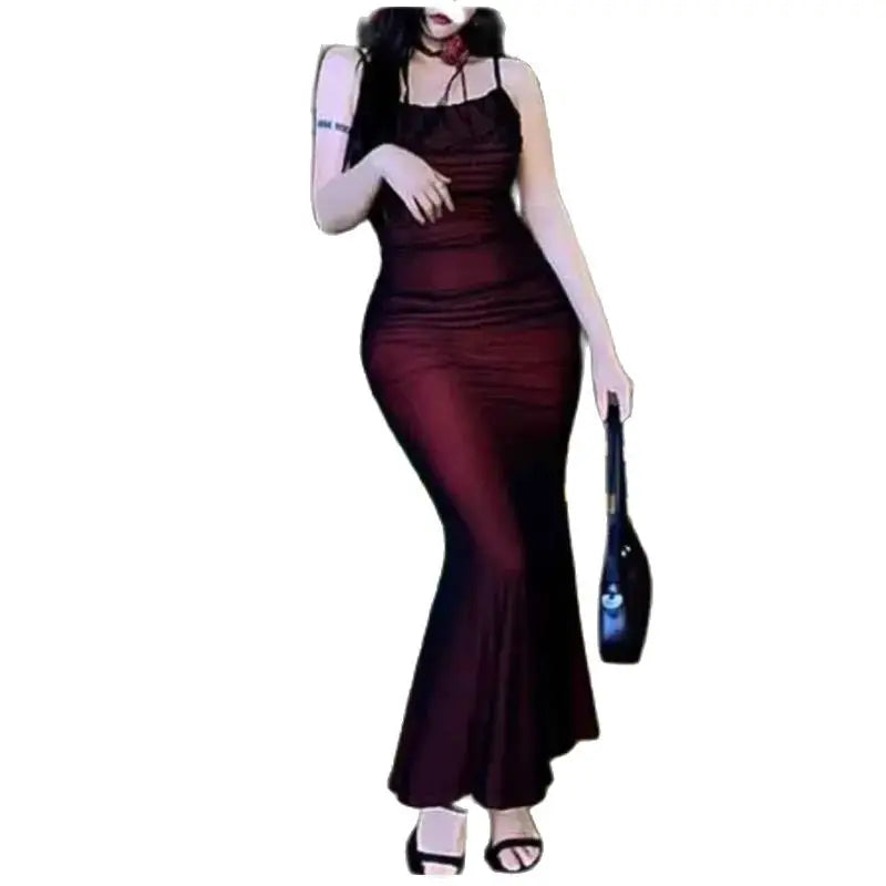 Sexy Luxury Woman Evening Dress Red Mesh Gothic Elegant Party Bodycon