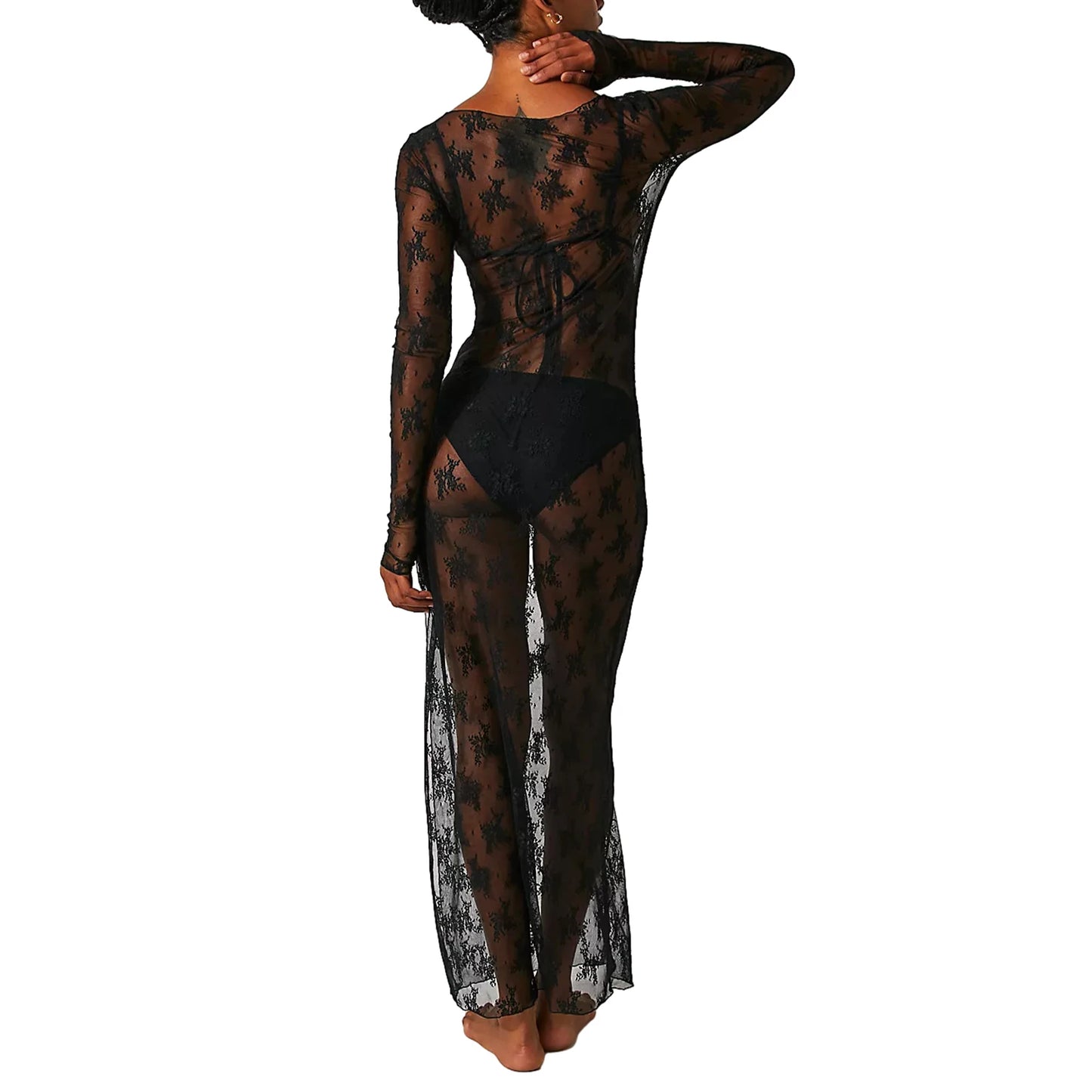 Women’s See-Through Lace Dress Long Sleeve Round Neck Slit Hem Dress