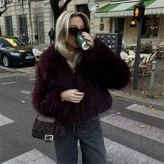KONDALA 2025 Fall Winter Women Burgundy Casual Faux Fur Jackets Fashion Streetwear Turn Down Collar Warm Oversized Thick Coats