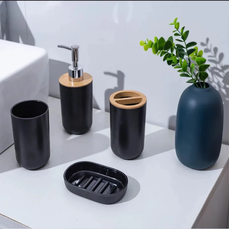 4-piece black bathroom accessories set, plastic toothbrush holder with