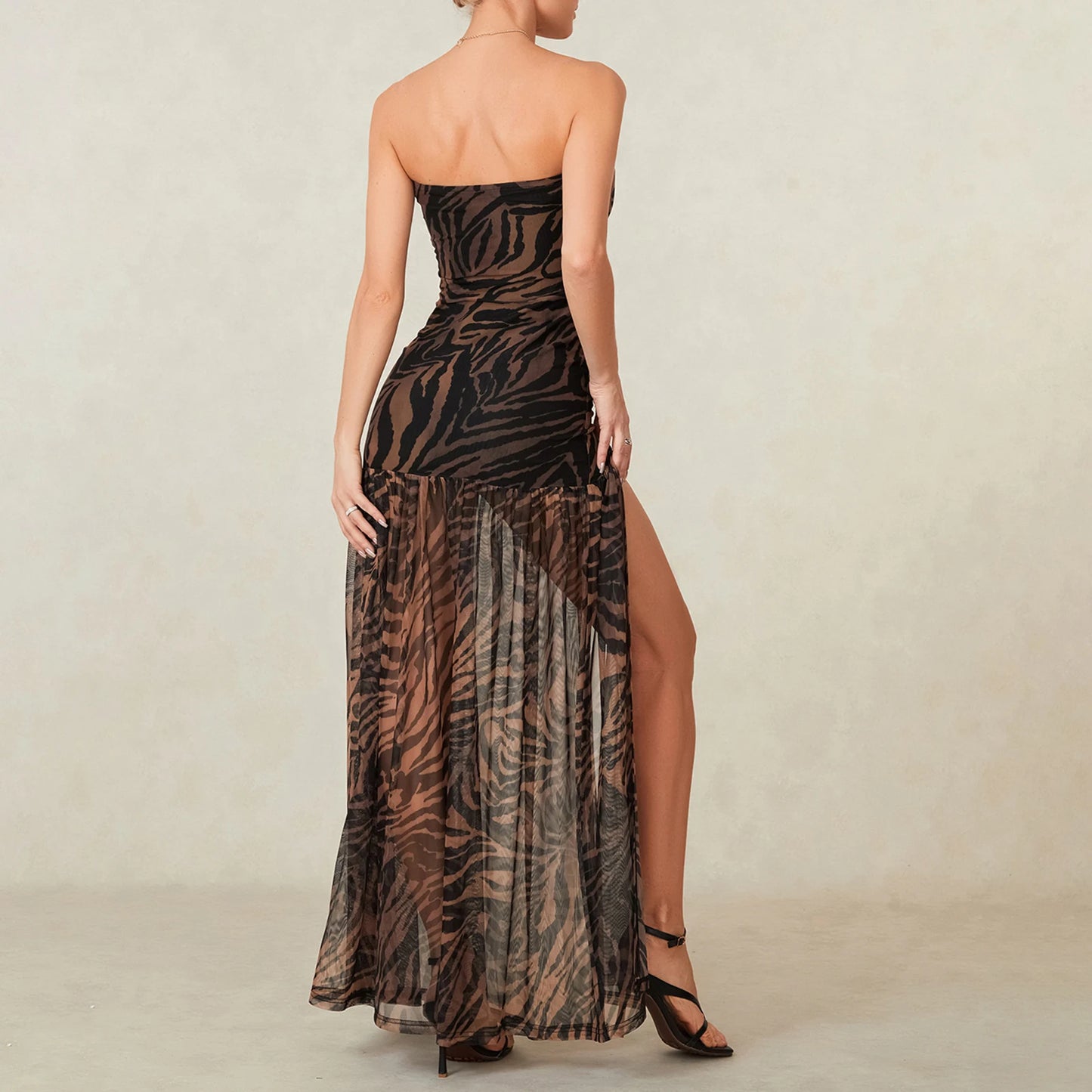 Women’s Tube Top Summer Dress Slim Strapless Backless Mesh Patchwork