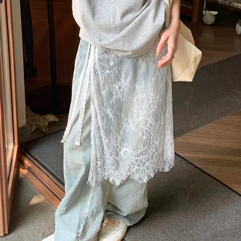 Midi Skirts Women Lace Drawstring Design Elegant Korean Style Spring