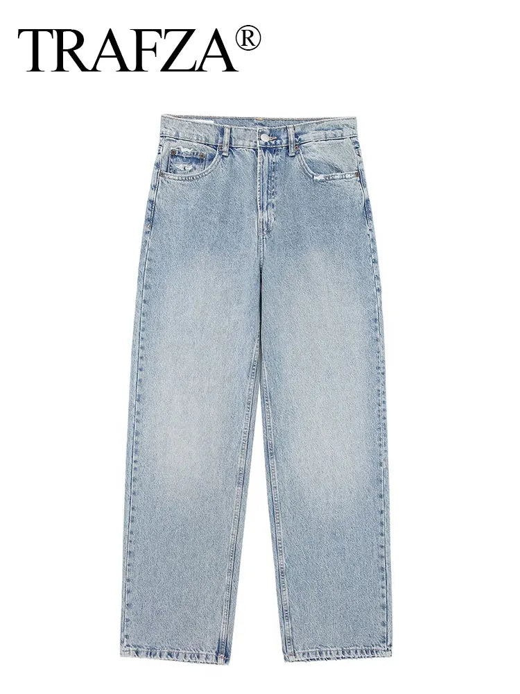 TRAFZA Jeans For Women 2024 Denim Solid Loose Zipper Fly Female Hole