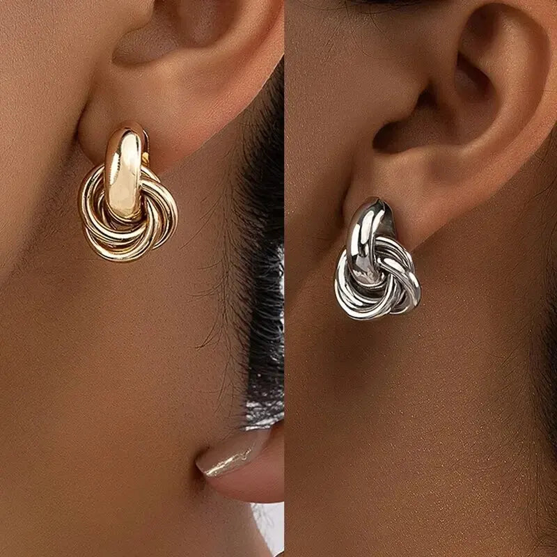 Fashion Round Double Ring Metal Stud Earrings For Women Men Gold