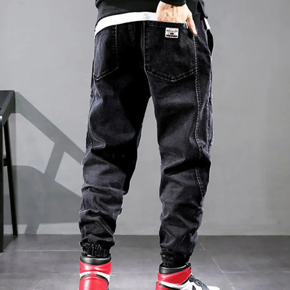 Loose Denim Pants Men Jeans Solid Color Drawstring Waist Harem Pants