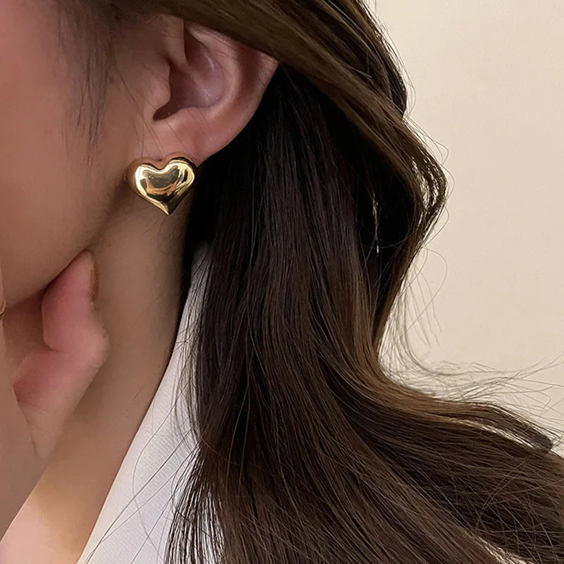 Minimalist Silver Color Smooth LOVE Heart Stud Earrings for Women