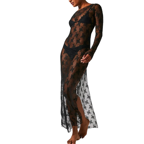 Women’s See-Through Lace Dress Long Sleeve Round Neck Slit Hem Dress