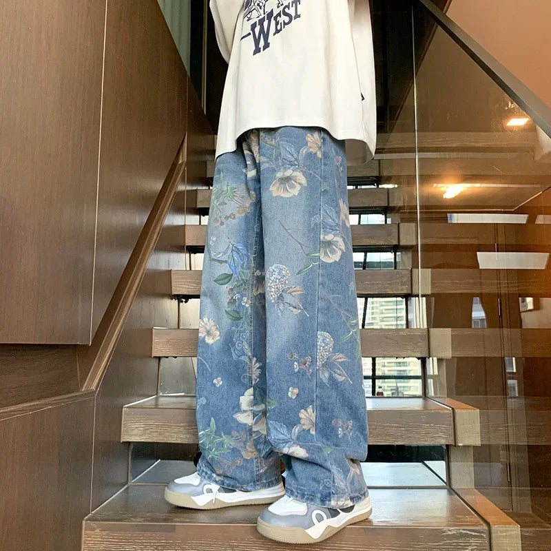Autumn Floral Printed Jeans For Men 2024 New Y2K Vintage Denim Pants
