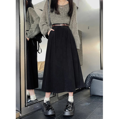 Vintage Belt Corduroy Midi Skirt Women High Waist Pleated A Line