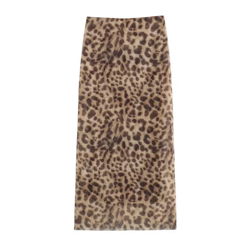 Women Leopard Tulle Midi Skirt 2024 Summer Fashion High Waist