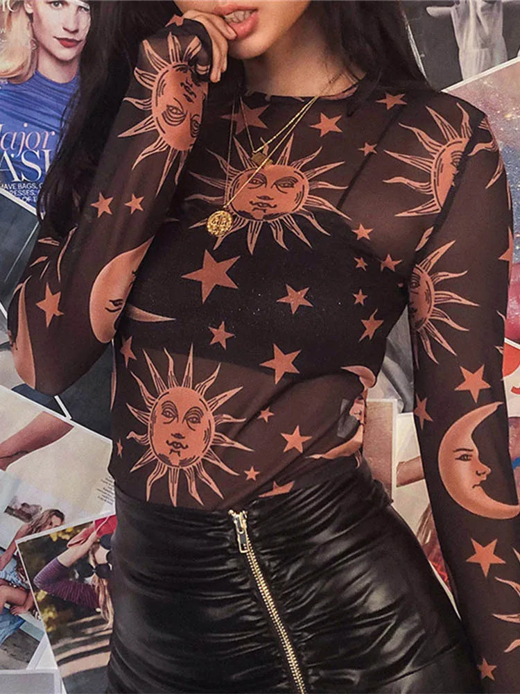 Sun Moon Printed Transparent Mesh Sexy T-Shirt Women O-Neck Long