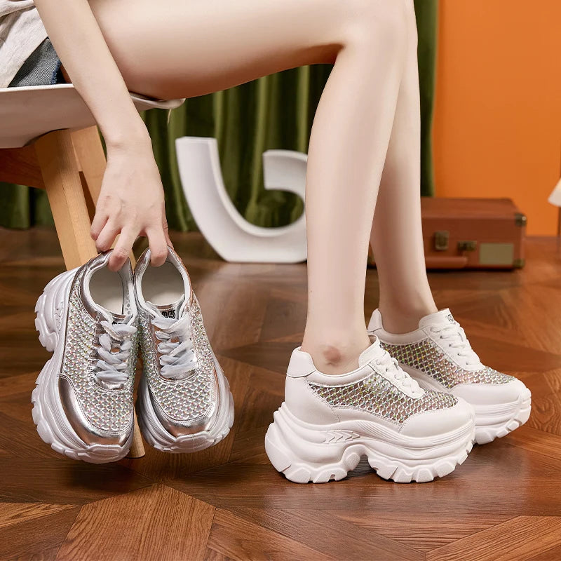 AUTUSPIN Women Summer Thick Soled Shoes Fashion Shiny Rhinestones Sneakers Outdoor Leisure Platform Wedges Crystal Shoes Woman