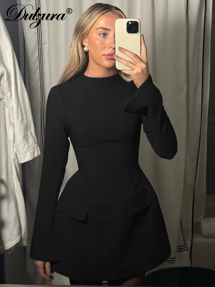 Dulzura Long Sleeves Zipper Bodycon Mini Dress With Pocket Solid