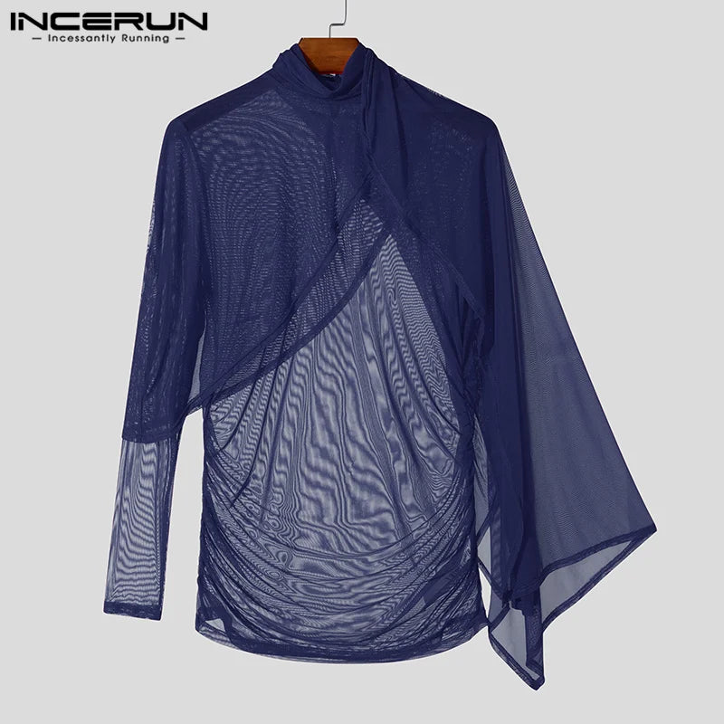 Fashion Sexy Style Tops INCERUN New Men's See-through Pleated T-shirt