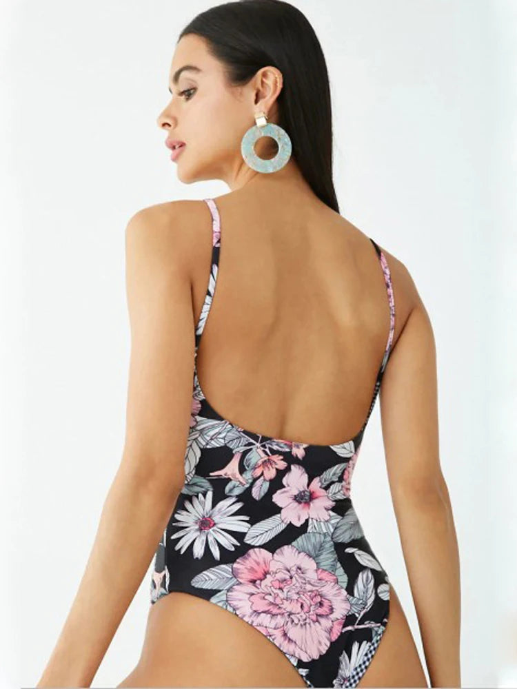 Sexy High Cut Women's Swimsuit Vintage Print One Piece Swimwear Women