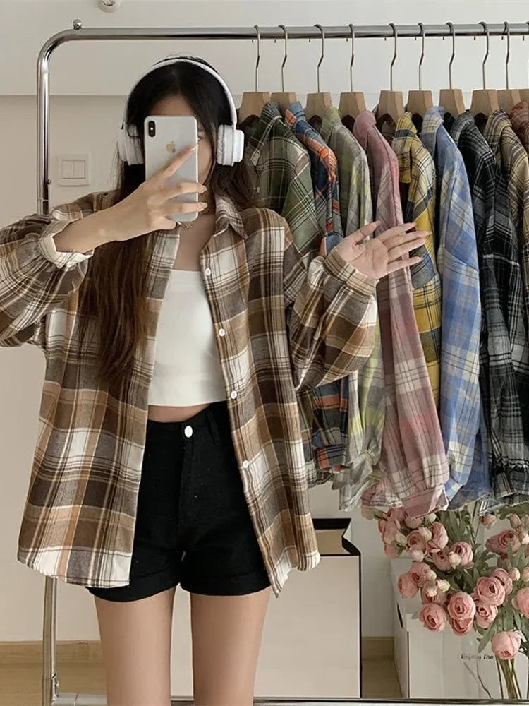 Plaid Shirt Women Autumn Long Sleeve Top Female Vintage Fashion Single