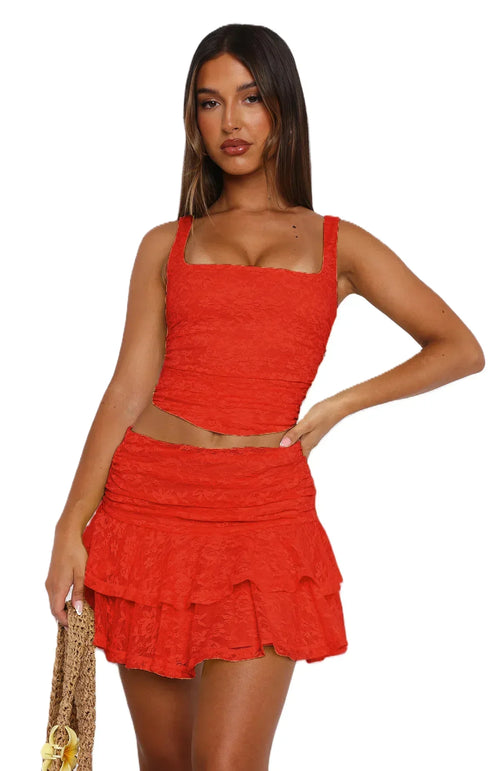 Women's Sexy Lace 2 Piece Skirts Outfits Clubwear Bodycon Sleeveless