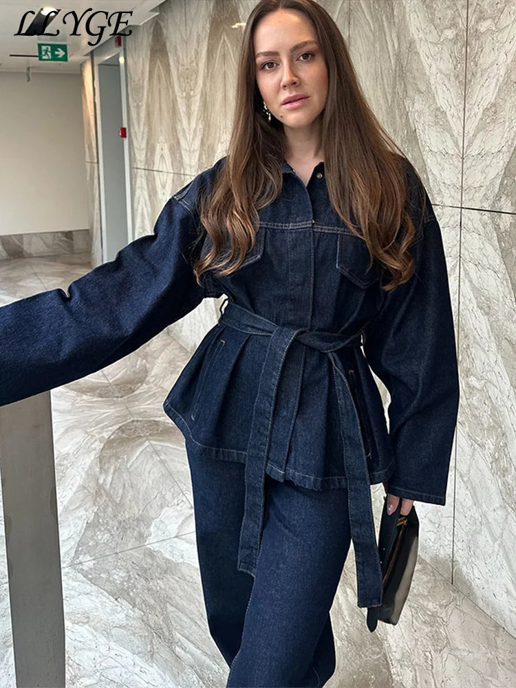 Vintage Belt Denim Jacket Pants Set Women Lapel Single Breasted