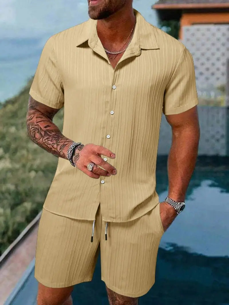 Men's beach suit striped solid color short sleeve shorts shirt Sports