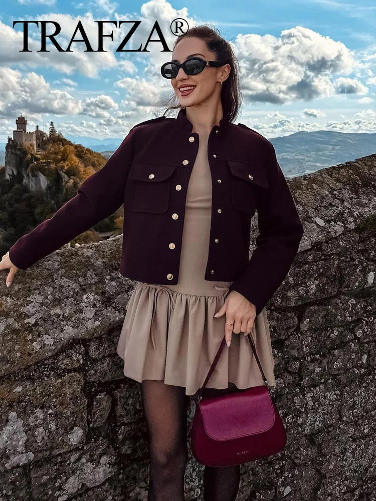 TRAFZA 2024 Fashion Women Soft Tweed Bomber Jacket O-Neck Long Sleeve